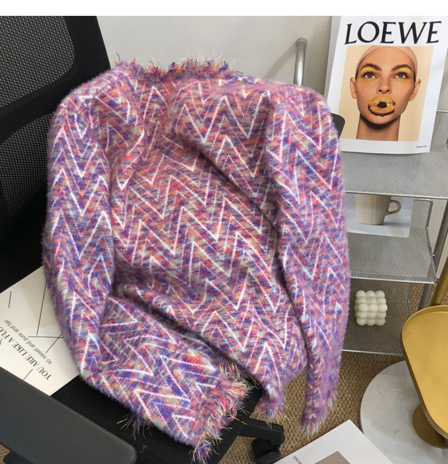 Womens v-neck colorful knitted mohair wool single breasted sweater tassel cardigan coat