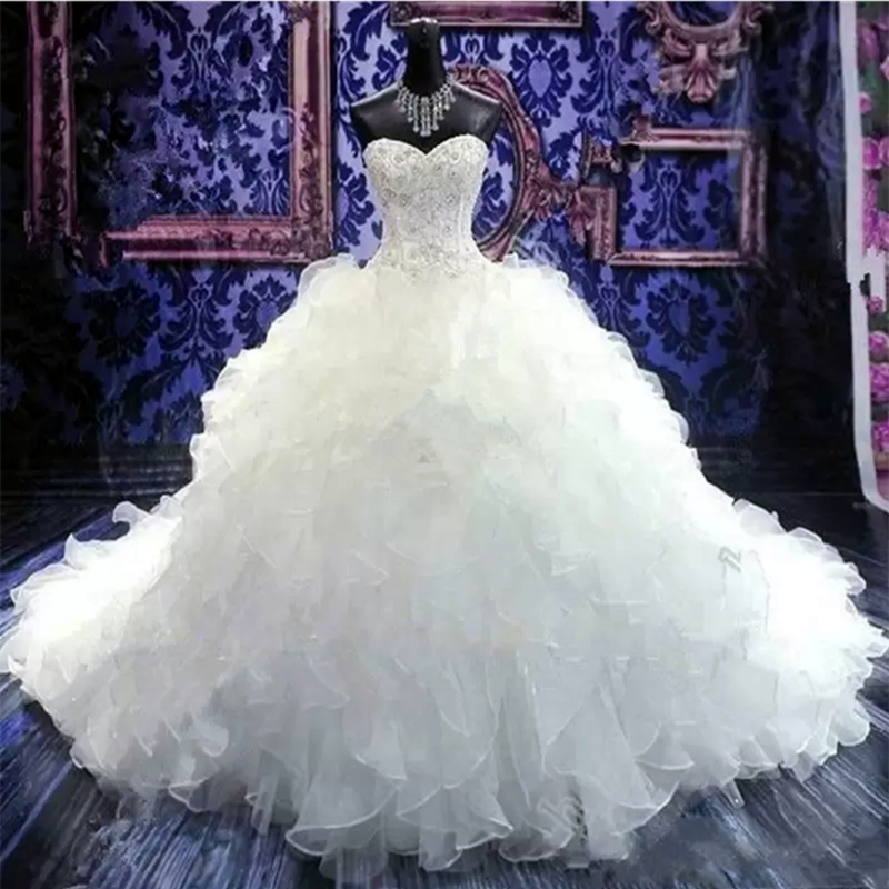 Dubai Arabic Ball Gown Wedding Dresses Ruffles Tiered Gorgeous Plus Size Sweetheart Backless Chapel Train Bridal Gowns Bling Luxury Beading Sequins Cr