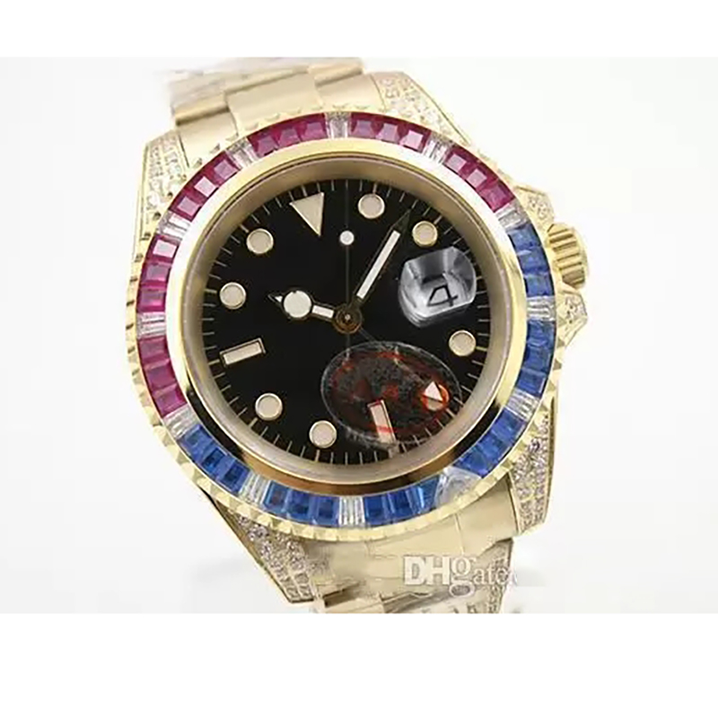 Mens Watch Black Dial Golden Stainless Belt Whatches Blue and Red Diamond Irab Bezel Mens Fashion Wristwatches