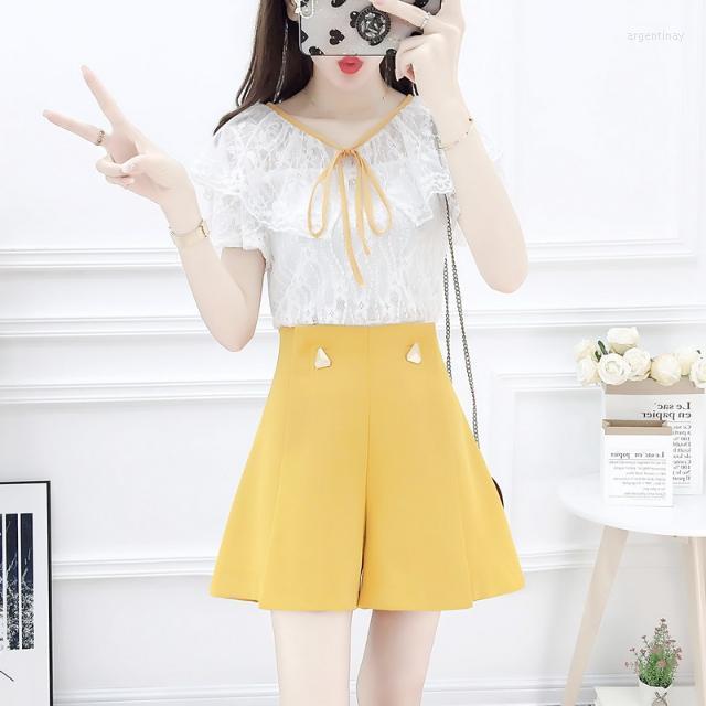 Women' Tracksuits Women 2022 Summer Sweet Two-piece Sets Female Lace Bow Short Sleeve Shirts High Waist Wide Leg Shorts Ladies Suits S397, Yellow
Women' Tracksuits Women 2022 Summer Sweet Two-piece Sets Female Lace Bow Short Sleeve Shirts High Waist Wide Leg Shorts Ladies Suits S397, Yellow