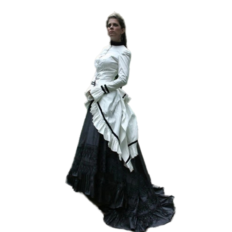Vintage Victorian Bustle Prom Dresses Black And White Gothic Special Occasion Gowns Long Sleeves High Neck Civil War Women Formal Evening Dress 2023