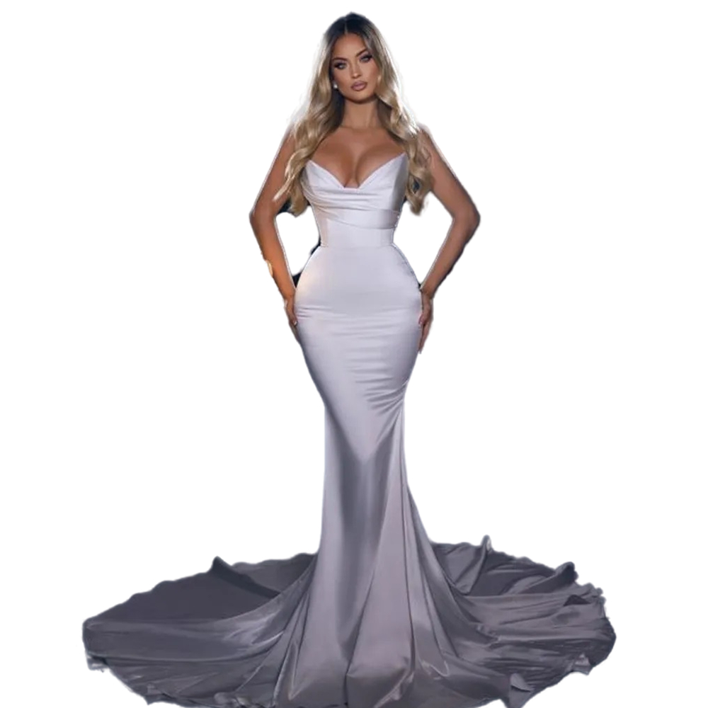 Long Train White Satin Mermaid Wedding Dresses Sleeveless Sweetheart Neck Simple Elegant Bridal Gowns 2023 Vestido de Novia