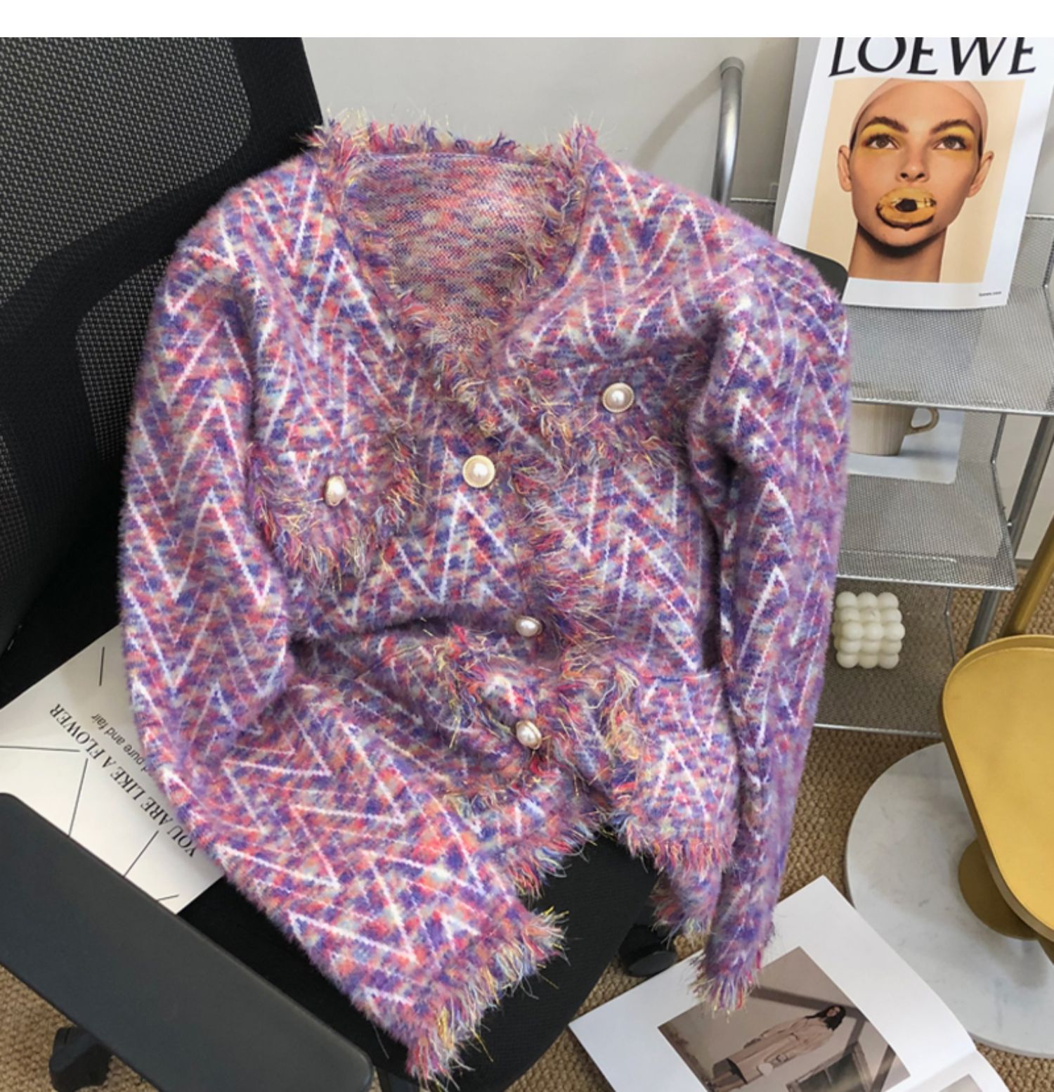 Womens v-neck colorful knitted mohair wool single breasted sweater tassel cardigan coat