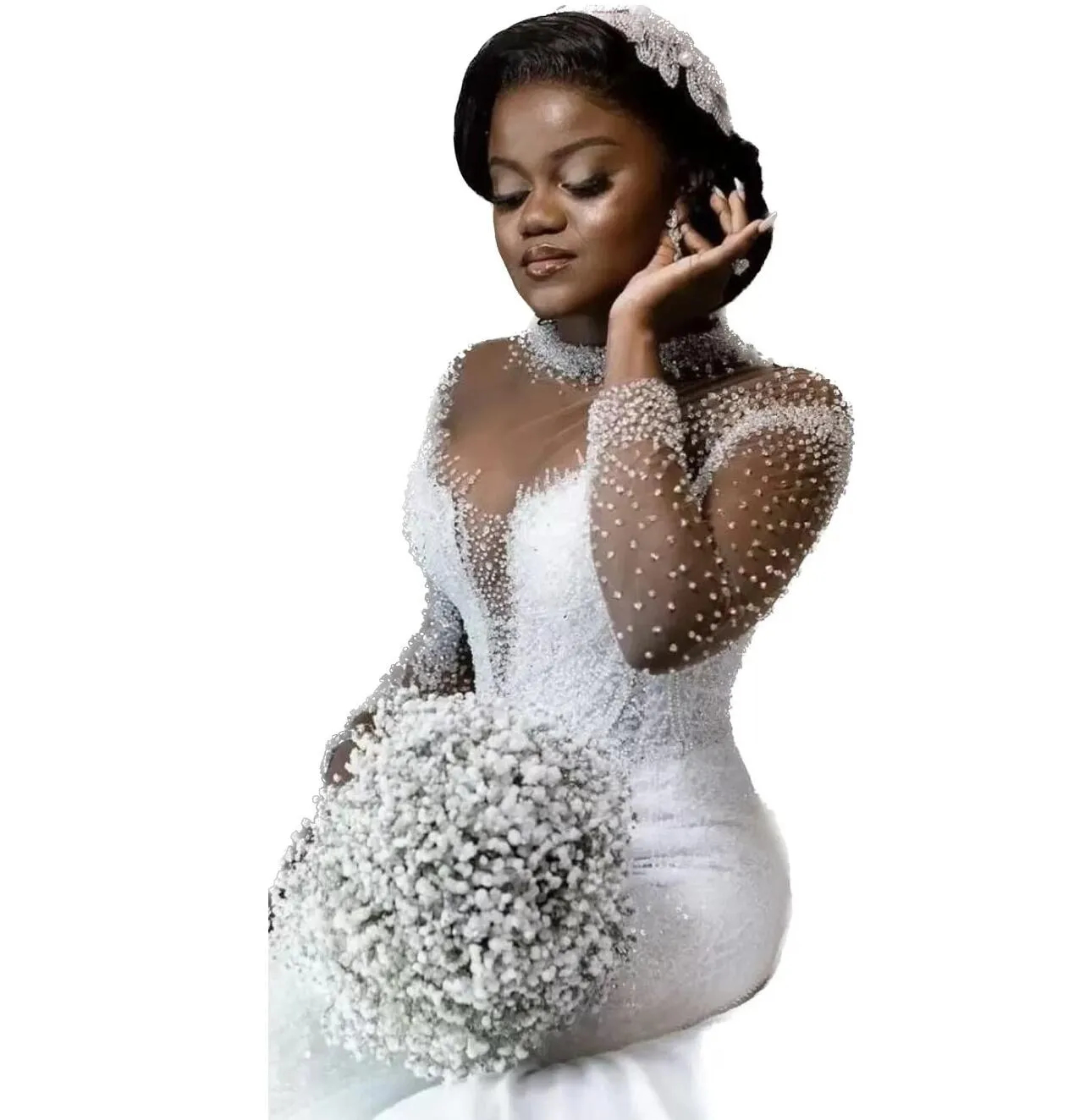 Luxury Crystals Beaded Mermaid Wedding Dresses Long Sleeves White Bridal Gowns African Glitter Vestido De Novia Illusion Jewel Neck 2023
