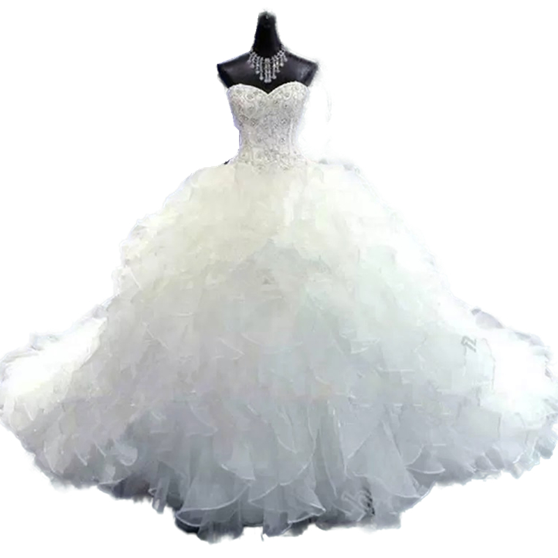 Dubai Arabic Ball Gown Wedding Dresses Ruffles Tiered Gorgeous Plus Size Sweetheart Backless Chapel Train Bridal Gowns Bling Luxury Beading Sequins Cr