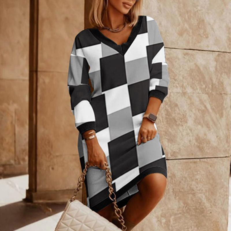 Party Dresses Autumn Winter Women's Office Fashion Print Long Sleeve Straight Lady Elegant Casual VNeck Dress 221203