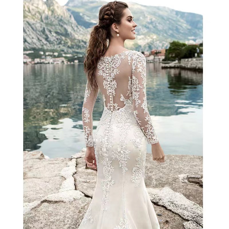 Exquisite Lace Appliques Mermaid Wedding Dresses Custom Made White Sweep Train Tulle Beach Elegant Plus Size Bridal Gowns 403