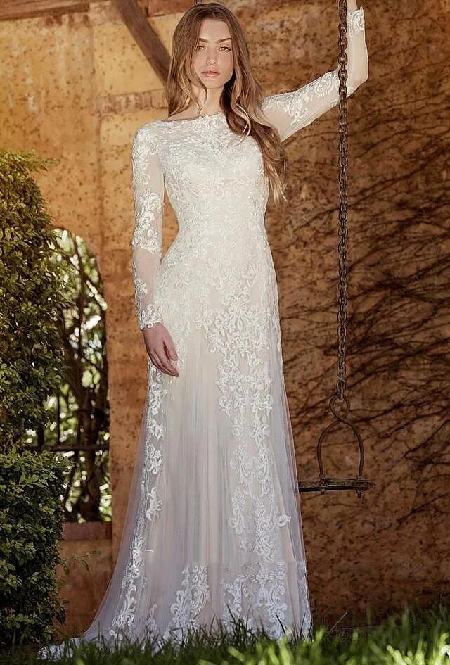 2023 Boho Wedding Dresses Bridal Gown Beach Country Lace Applique Scoop Neck Long Sleeves Plus Size vestido de novia