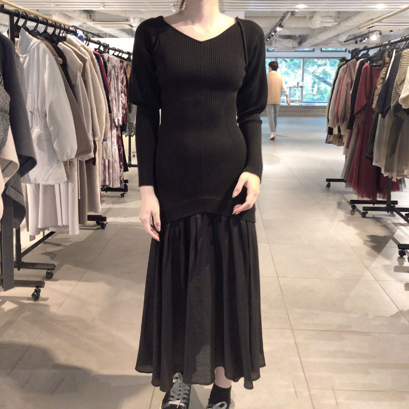 Party Dresses Kuzuwata V Neck Solid Color Long Sleeve Robe Femme Knit Patchwork Autumn Winter Japanese Vestiges De Mujer Elegant 221203