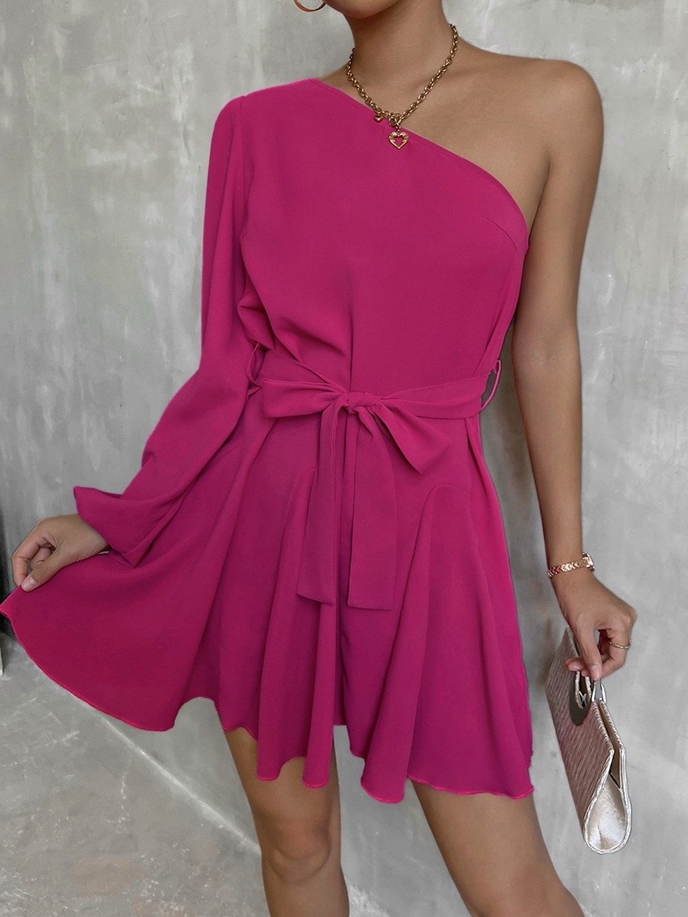 Party Dresses Women Fall Solid Color Slanted Shoulder Single Sleeve A Line Swing Dress For Ladies Fashion Casual All Match 221203