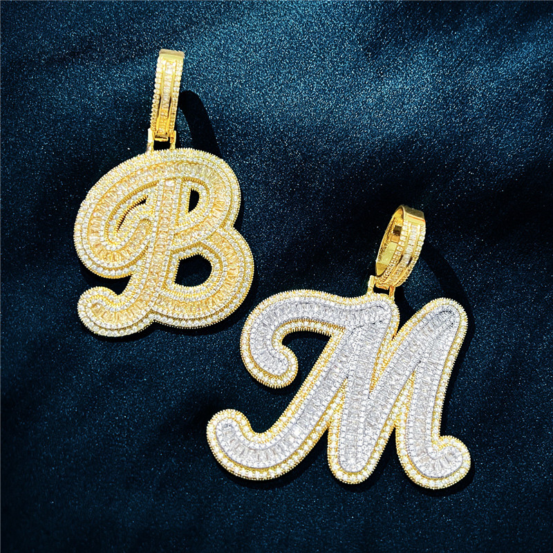 Custom AZ Cut Full Real Icy Baguette Cursive Letters Pendant Necklace Gold Silver Cubic Zirconia Men Women with 24inch Rope Chain