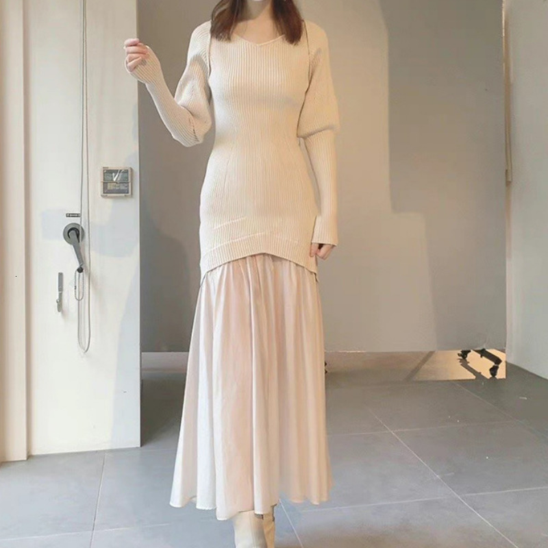 Party Dresses Kuzuwata V Neck Solid Color Long Sleeve Robe Femme Knit Patchwork Autumn Winter Japanese Vestiges De Mujer Elegant 221203