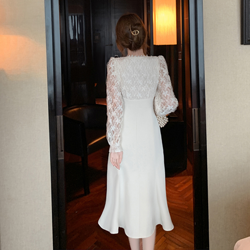 Party Dresses Elegant Long White Women French Vintage Vneck Lace Slim Y2K Spring Korean Casual Evening 2023 221203