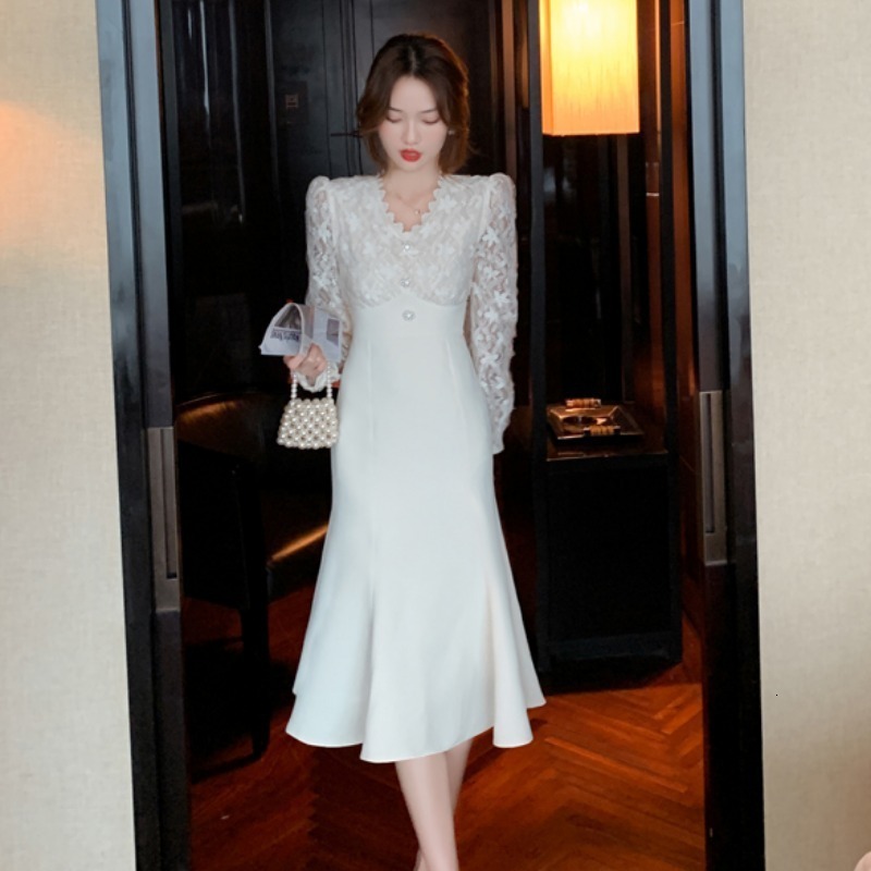 Party Dresses Elegant Long White Women French Vintage Vneck Lace Slim Y2K Spring Korean Casual Evening 2023 221203