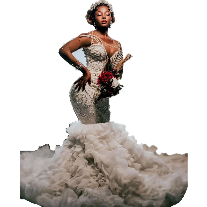 Luxury African Mermaid Wedding Dresses Pearls Beading Ruffles Tiered Long Sleeves Bridal Gowns Illusion Jewel Neck Gorgeous Vestido de Novia Back Lace
