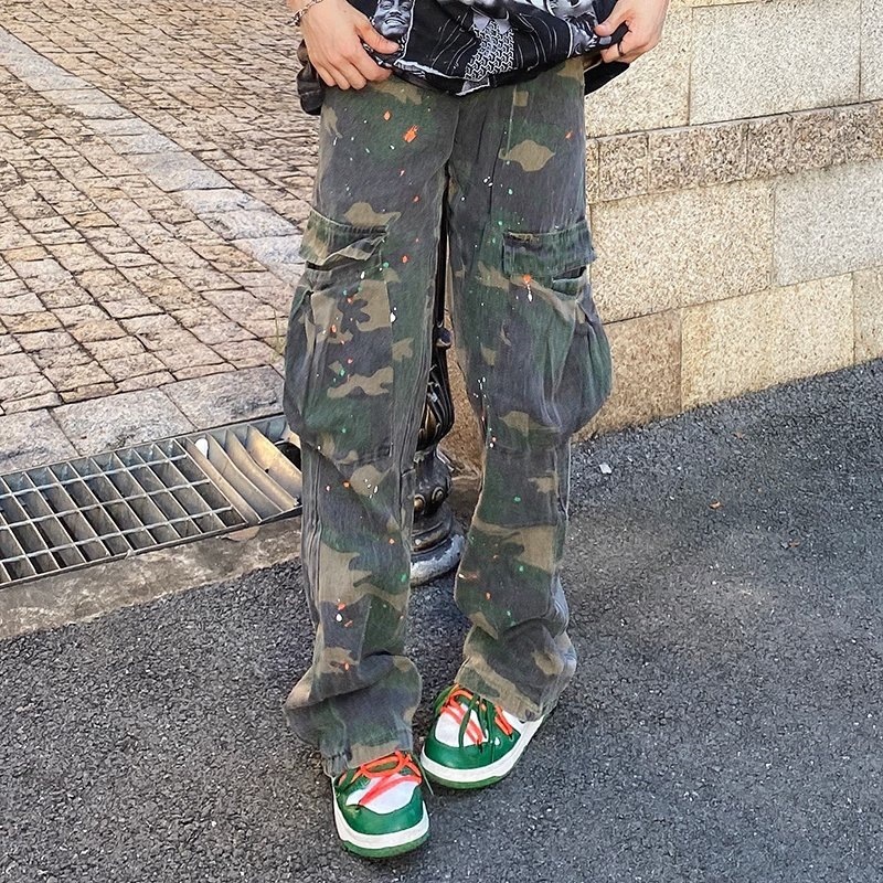 Wide Leg Cargo Pants For Men Fashion Camouflage Side Pockets Sports Joggers Women Retro Casual Loose Flared Trousers