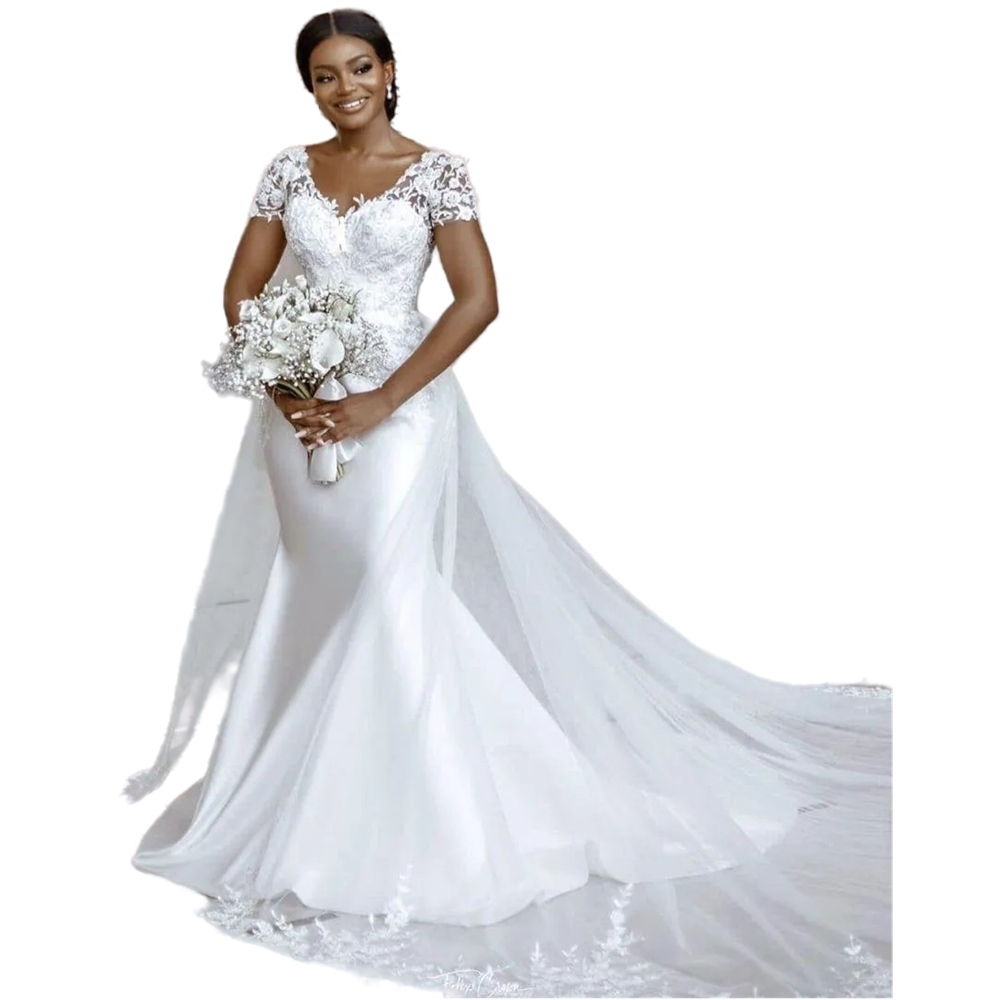Elegant Short Sleeves Mermaid Wedding Dresses V-neck Floral Lace Appliques Long Satin Bridal Gowns Back Buttons 2023 African White Vestido De Novia