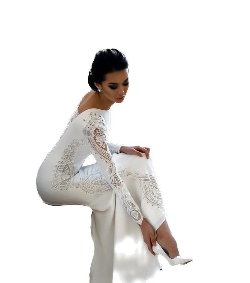 2023 Muslim Elegant Long Sleeve Mermaid Wedding Dress with Lace Appliqued Satin Boho Beach Wedding Gowns Sequined Vestido De Novia GB0920