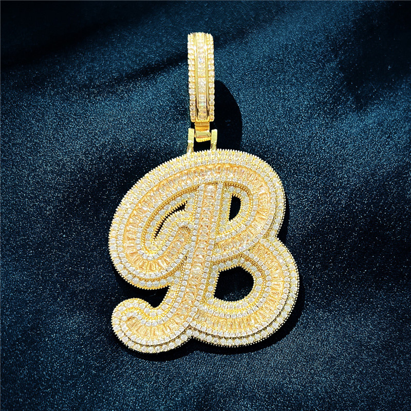 Custom AZ Cut Full Real Icy Baguette Cursive Letters Pendant Necklace Gold Silver Cubic Zirconia Men Women with 24inch Rope Chain