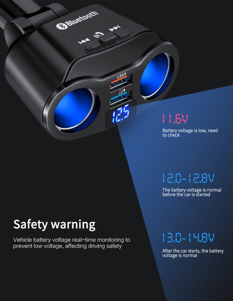 Car Cigarette Lighter Charger FM Transmitter Audio Phone Charge Bluetooth 5.0 Auto Kits Handsfree MP3 Music Player 2 USB 12V-24V