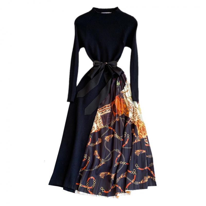 Party Dresses Fashion Patchwork Printed Knitted Long Sleeve Dress Elegant Vintage Knit Sweater Midi Pleated Dress Slim Evening Party Dresses 221203
