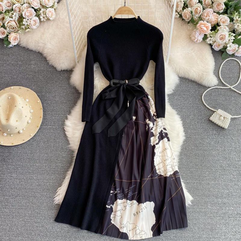 Party Dresses Fashion Patchwork Printed Knitted Long Sleeve Dress Elegant Vintage Knit Sweater Midi Pleated Dress Slim Evening Party Dresses 221203