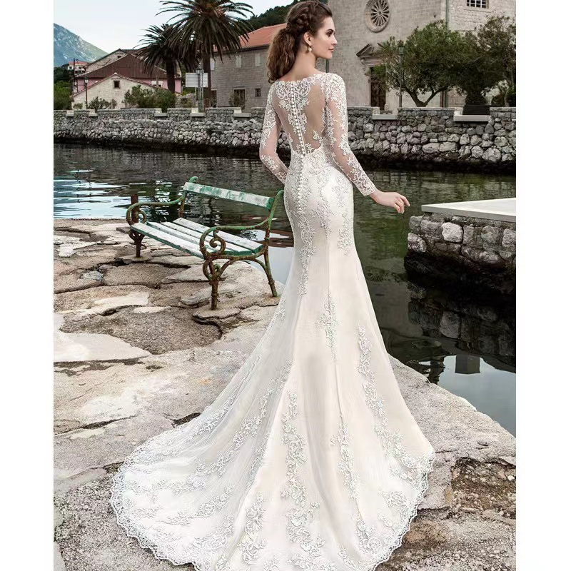 Exquisite Lace Appliques Mermaid Wedding Dresses Custom Made White Sweep Train Tulle Beach Elegant Plus Size Bridal Gowns 403
