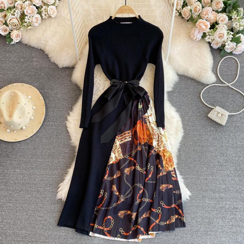 Party Dresses Fashion Patchwork Printed Knitted Long Sleeve Dress Elegant Vintage Knit Sweater Midi Pleated Dress Slim Evening Party Dresses 221203