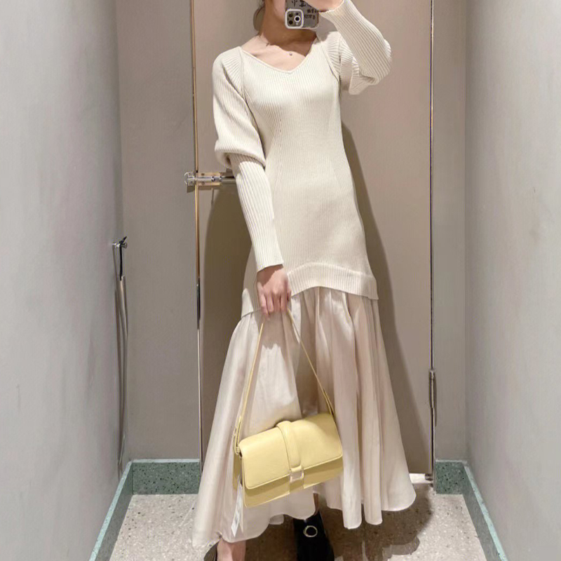 Party Dresses Kuzuwata V Neck Solid Color Long Sleeve Robe Femme Knit Patchwork Autumn Winter Japanese Vestiges De Mujer Elegant 221203