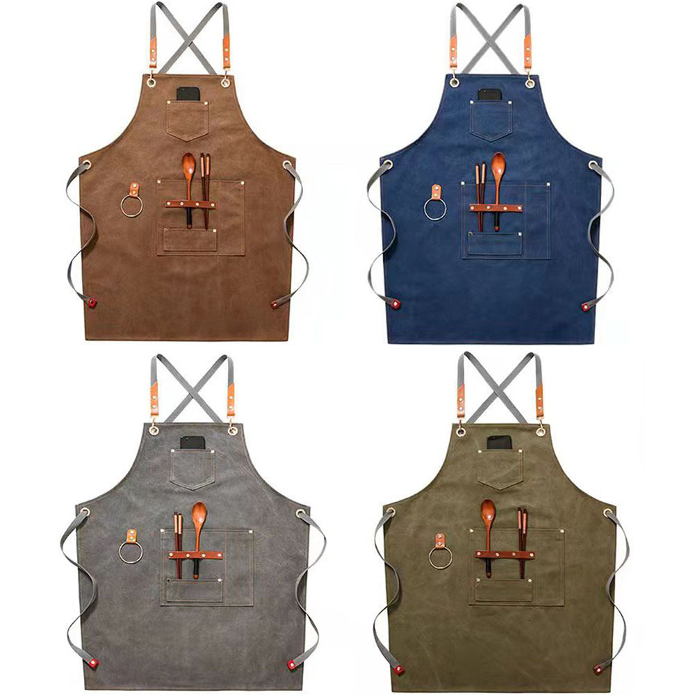 Aprons Canvas Bib Leather Chef Kitchen Apron Women Men Barista Bartender Pockets Home Barber Coffee Restaurant Protective pinafore 221203