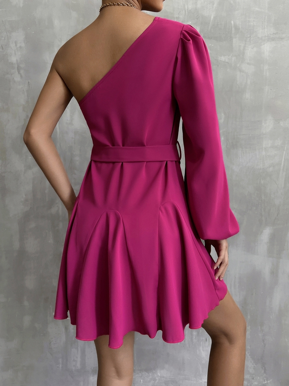 Party Dresses Women Fall Solid Color Slanted Shoulder Single Sleeve A Line Swing Dress For Ladies Fashion Casual All Match 221203