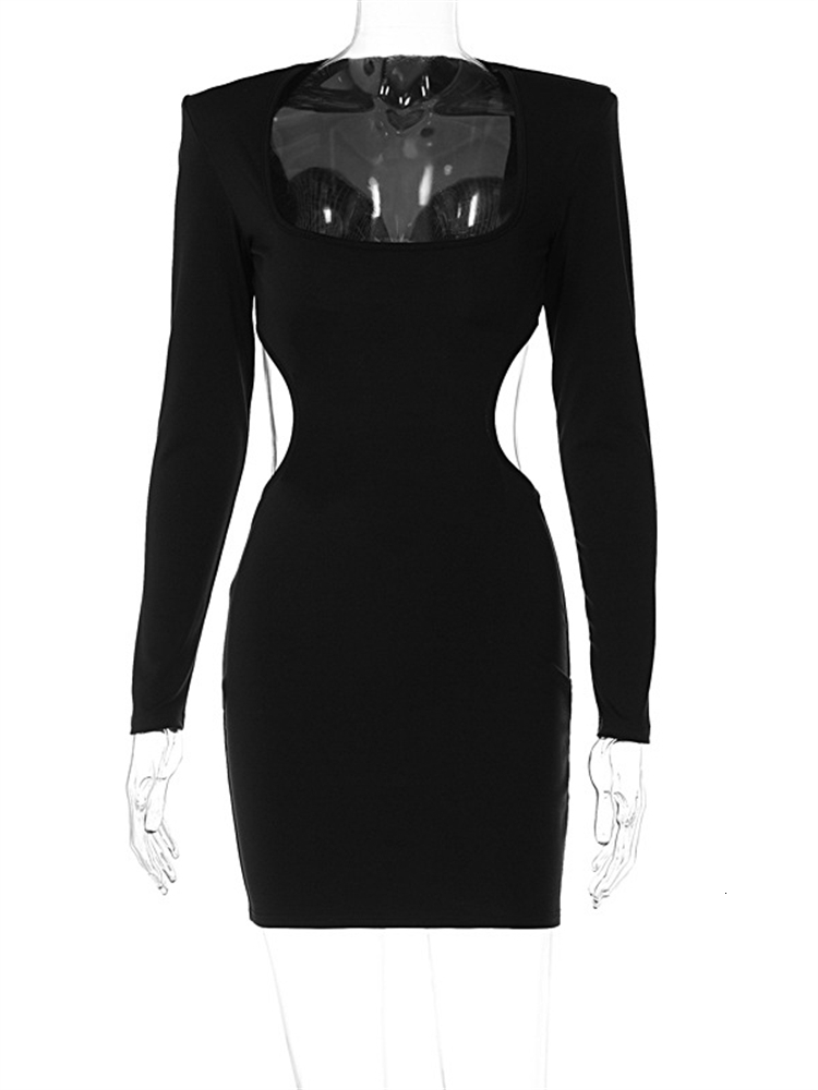 Party Dresses Fashion Bodycon Mini Female Fall Black For Women Square Collar Long Sleeve Hollow Out Club Outfit Wholesale 221203