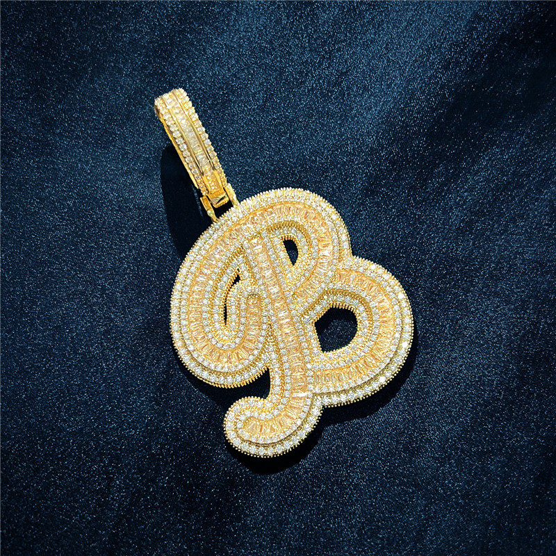 Custom AZ Cut Full Real Icy Baguette Cursive Letters Pendant Necklace Gold Silver Cubic Zirconia Men Women with 24inch Rope Chain