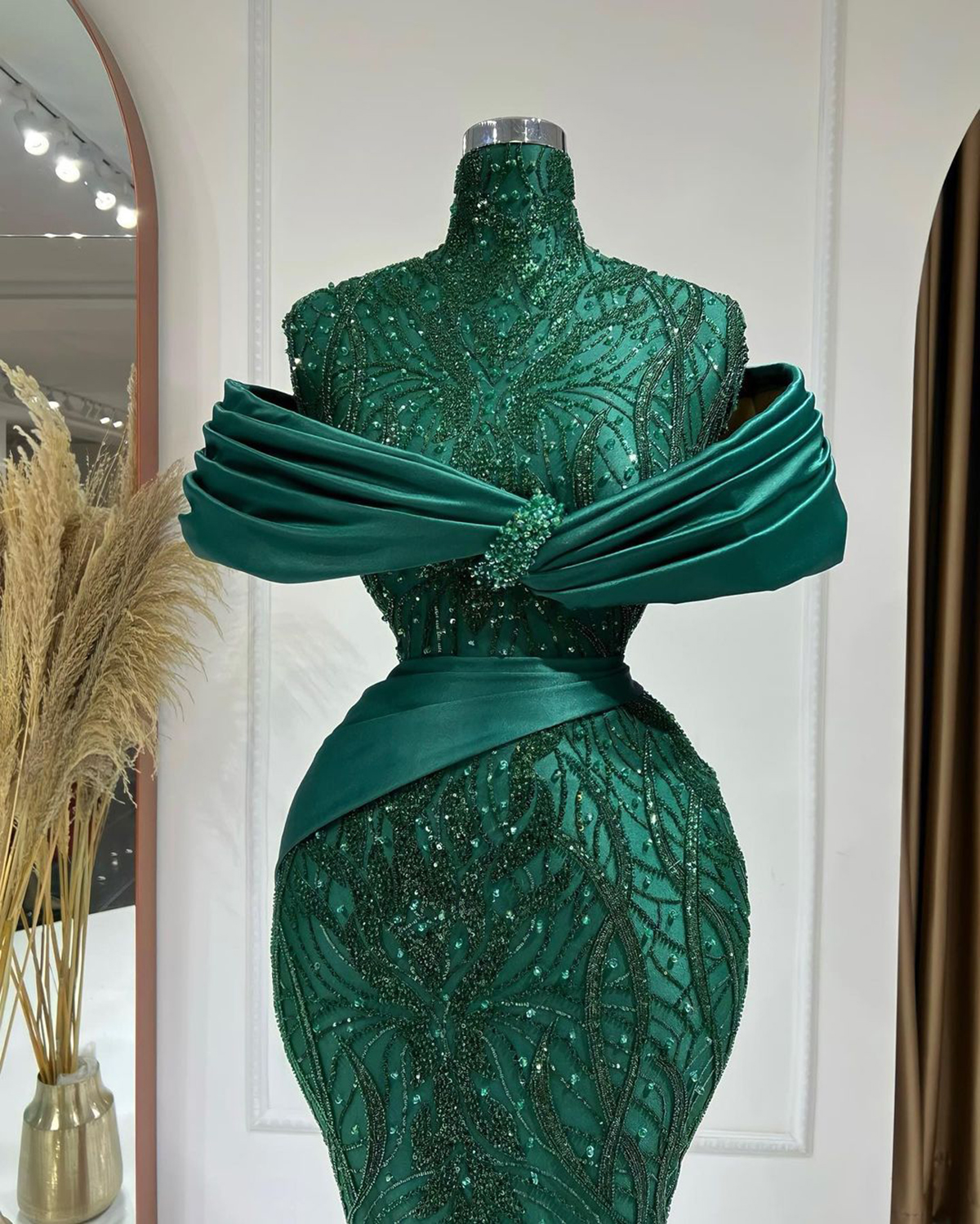 Vintage Emerable Green Prom Dresses High Neck Lace Mermaid Party Dresses Beaded Floor Length Custom Made Evening Dress