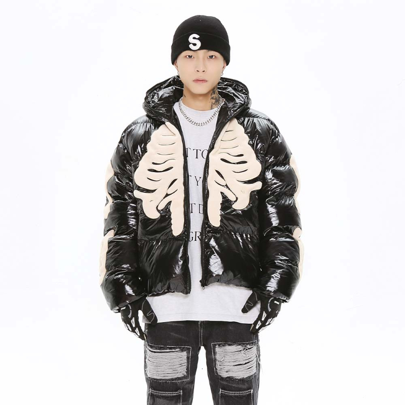 Men s Down Parkas Hip Hop Winter Skeleton Jacket Streetwear Coat Glossy Thick Warm Bone Print Harajuku Y2k Male Puffer Parker Jackets 221205
