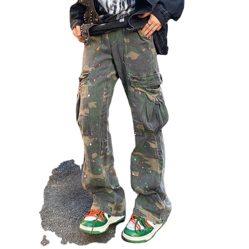 Wide Leg Cargo Pants For Men Fashion Camouflage Side Pockets Sports Joggers Women Retro Casual Loose Flared Trousers