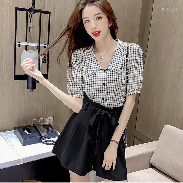 Women' Tracksuits 2022 Summer Women Two Piece Sets Female Short Sleeve Plaid Loose Blouses High Waist Wide Leg Shorts Ladies Suits R140, Just blosue
Women' Tracksuits 2022 Summer Women Two Piece Sets Female Short Sleeve Plaid Loose Blouses High Waist Wide Leg Shorts Ladies Suits R140, Just blosue