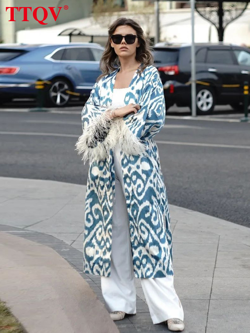 Party Dresses TTQV Casual Blue Print Dresses For Women Fashion Long Sleeve Feathers Laceup Dresses Elegant Vneck Midi Dress Streetwear 221203