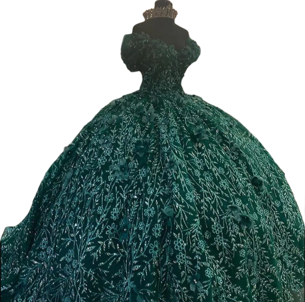 Hunter green Quinceanera Dresses Crystals Beaded Corset Back Off Shoulder Flowers Sweet 16 Princess Party prom gown Vestidos