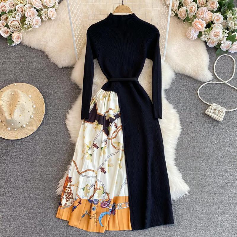 Party Dresses Fashion Patchwork Printed Knitted Long Sleeve Dress Elegant Vintage Knit Sweater Midi Pleated Dress Slim Evening Party Dresses 221203