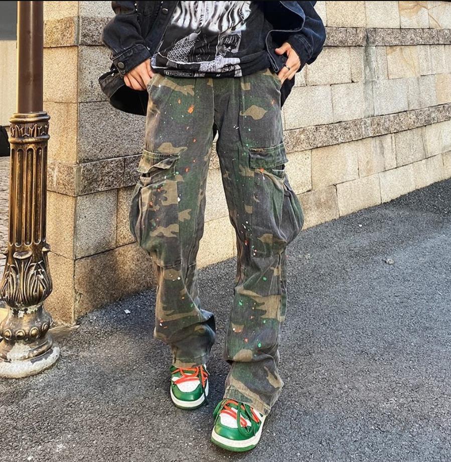 Wide Leg Cargo Pants For Men Fashion Camouflage Side Pockets Sports Joggers Women Retro Casual Loose Flared Trousers