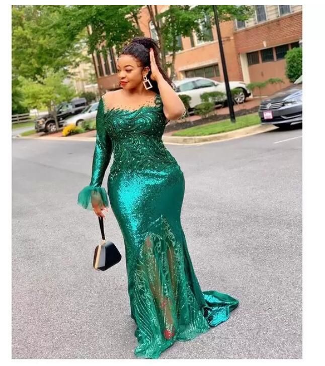 Designer Dark Green Evening Dresses Long Sleeves One Shoulder Mermaid Sequins Floor Length Plus Size Pleats Prom Gown Formal Custom Vestidos