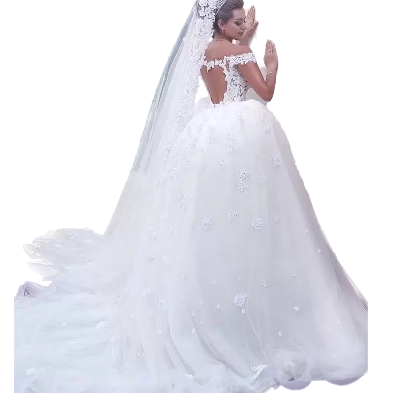 Duabi Princess A Line Wedding Dress Heart Keyhole Back Off Shoulder Ivory Tulle Bridal Gowns Lace Appliqued Chapel Vestido De Novia 2023