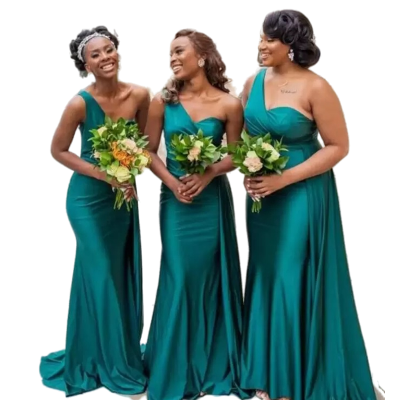 Long Bridesmaid Dresses One Shoulder 2023 Hunter Mermaid Floor Length Wedding Guest Party Gowns Simple Satin Formal Prom Dress