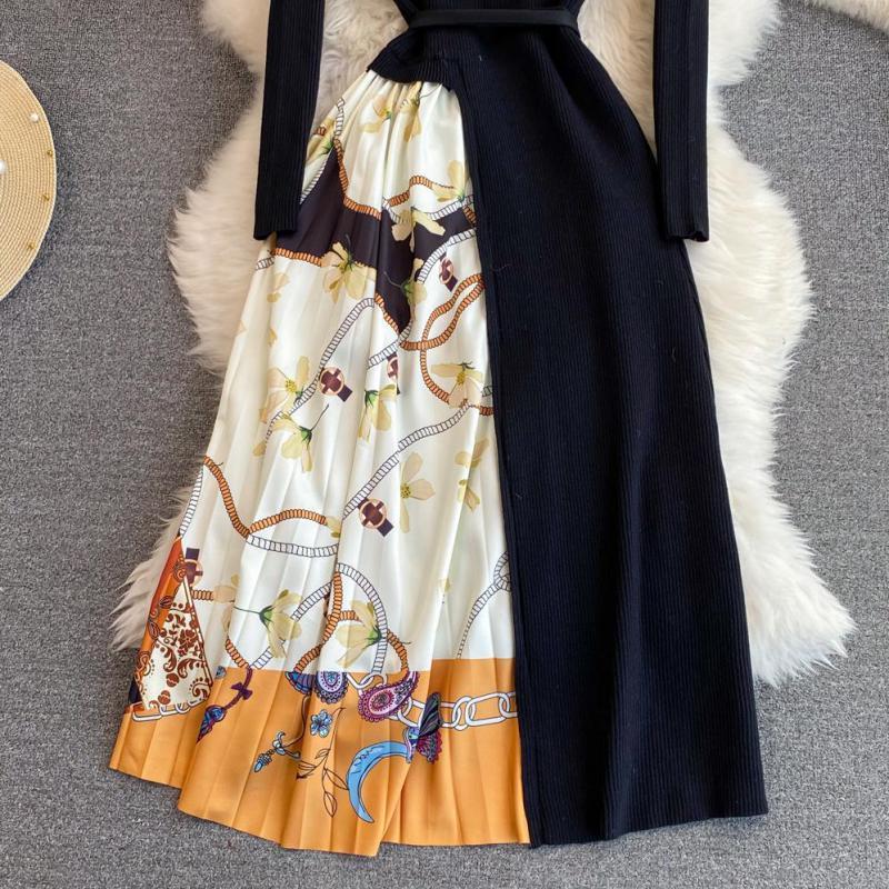 Party Dresses Fashion Patchwork Printed Knitted Long Sleeve Dress Elegant Vintage Knit Sweater Midi Pleated Dress Slim Evening Party Dresses 221203
