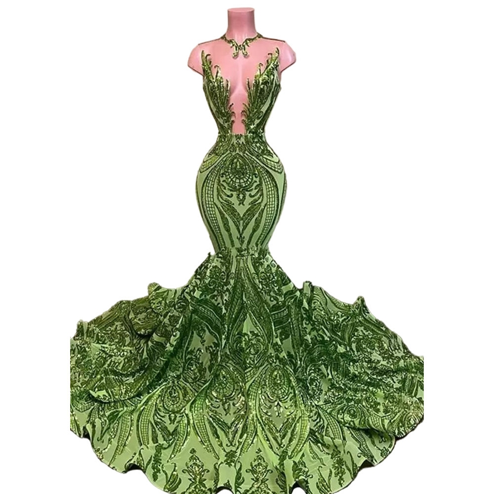 Sparkly Sequins Mermaid Prom Dresses Olive Green Black Girls Sexy Engagement Dress Jewel Neck Illusion Long Pageant Evening Gowns