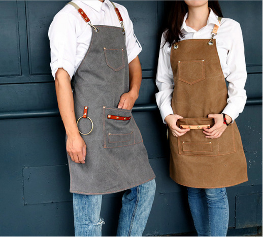 Aprons Canvas Bib Leather Chef Kitchen Apron Women Men Barista Bartender Pockets Home Barber Coffee Restaurant Protective pinafore 221203