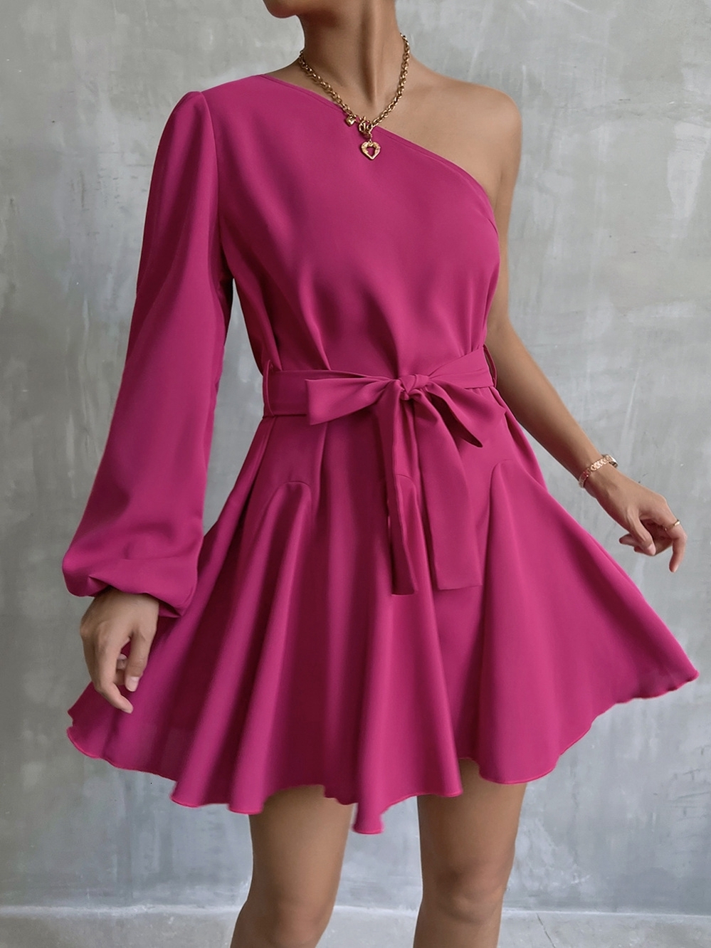 Party Dresses Women Fall Solid Color Slanted Shoulder Single Sleeve A Line Swing Dress For Ladies Fashion Casual All Match 221203