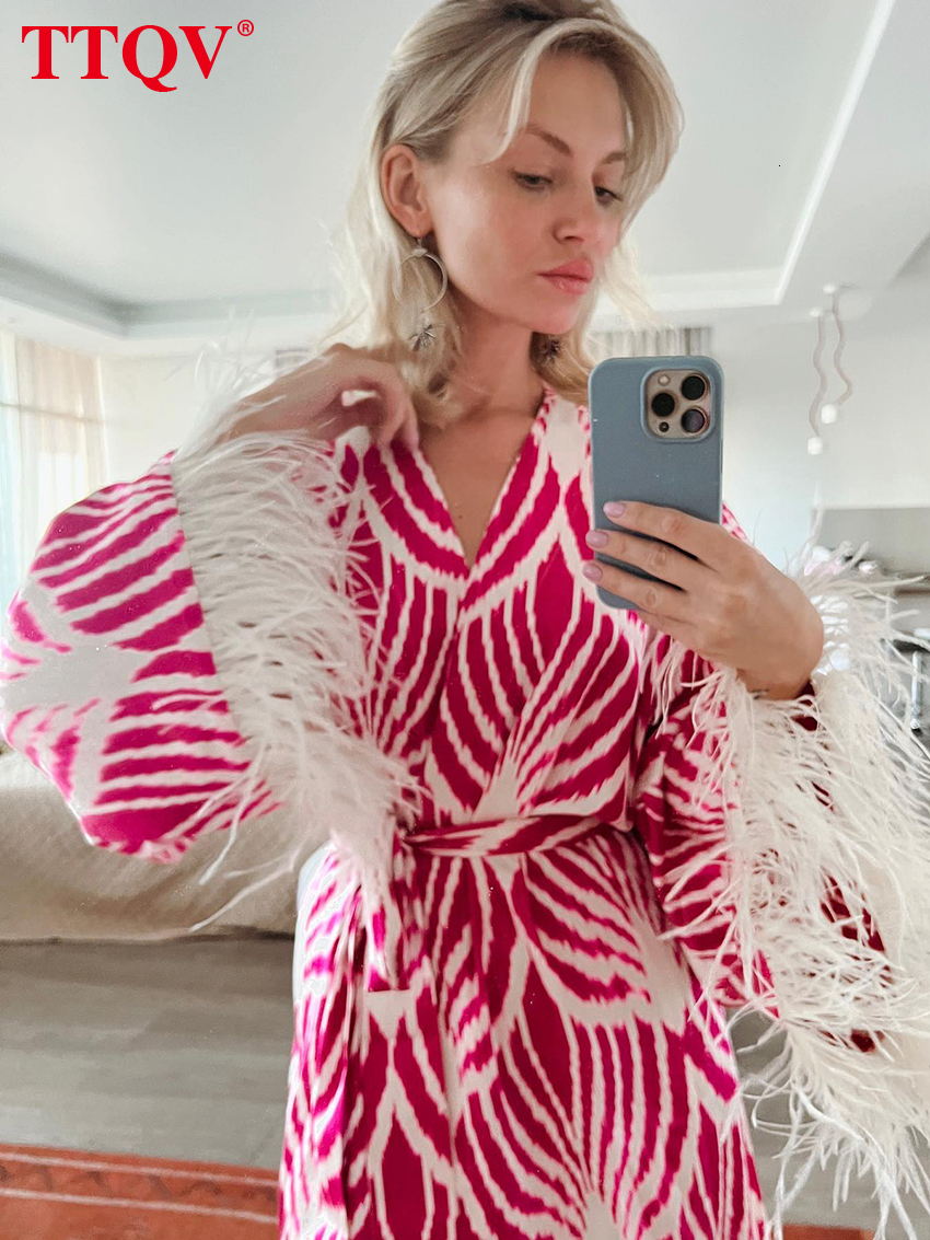 Party Dresses TTQV Casual Blue Print Dresses For Women Fashion Long Sleeve Feathers Laceup Dresses Elegant Vneck Midi Dress Streetwear 221203