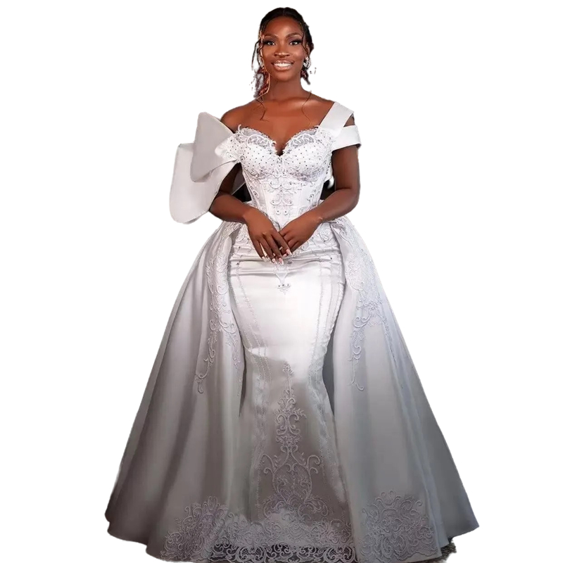 Gorgeous Off Shoulder Satin Mermaid Wedding Dresses Appliques Lace Beaded Corset Bridal Gowns Floor Length African Vestido De Novia Detachable Train M